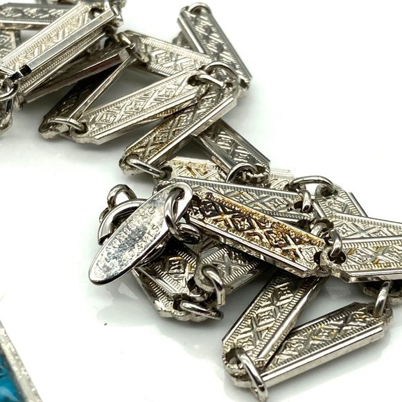 Vintage Whiting and Davis Bar Link Necklace with Southwestern Feel Geometric - Picture 5 of 6